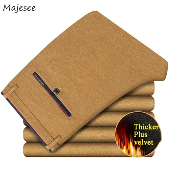 

Pants Men Winter Thicker Plus Velvet Straight Solid Colour Simple All-match Korean Pant Mens Zipper Leisure Pockets Trousers
