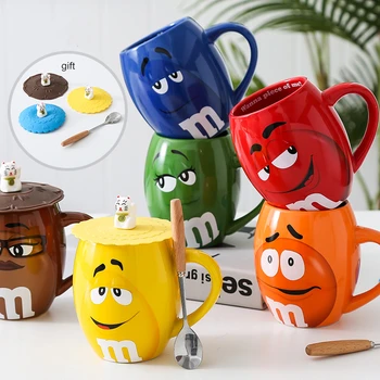 

Cute expression coffee mugs ceramic tea cups and mugs cartoon mark with cover spoon funny lovers creative drinkware