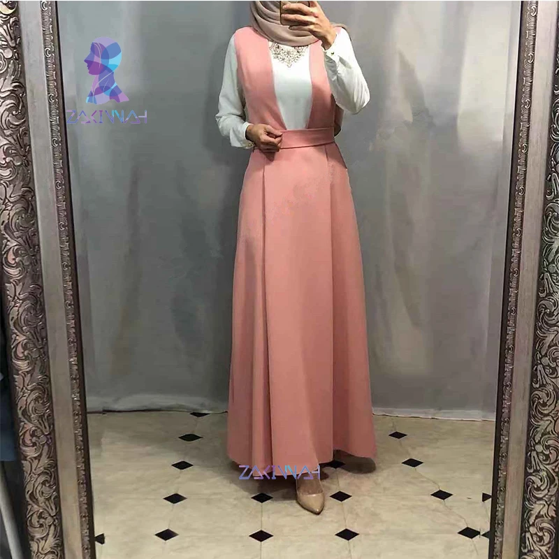 pink SK9025 модное платье на бретелях, женское платье средней длины, комбинезон с поясом, юбка, элегантное мусульманское платье для отдыха - Цвет: pink