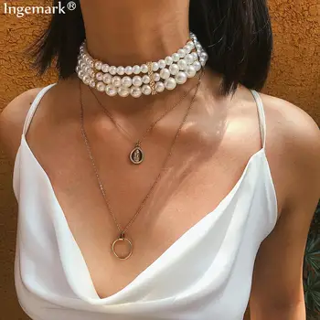 

Gothic Layered White Pearl Choker Necklace Collar Statement Punk Angel Virgin Mary Coin Pendant Long Chain Necklace Best Wome