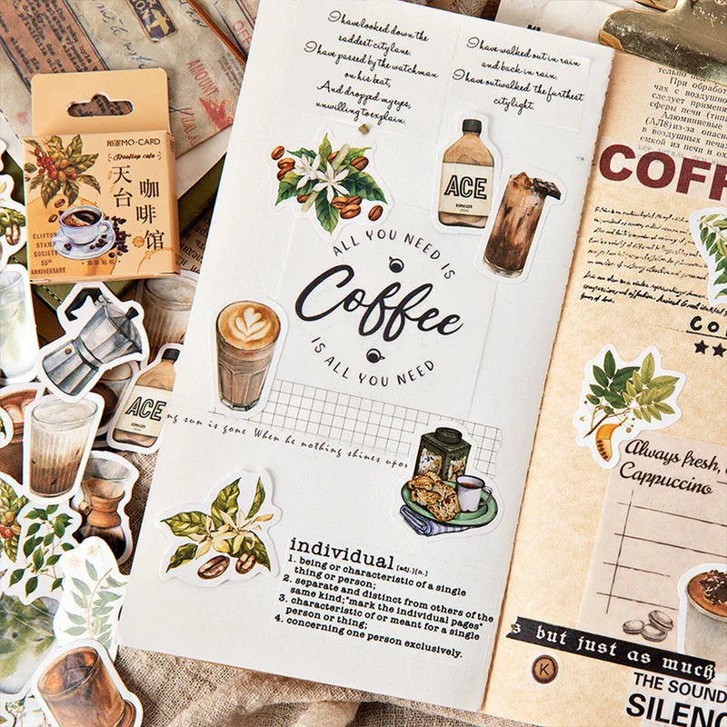 1 Box Cute Stationery Stickers Scrapbooking Diary Kawaii Coffee Plant Stickers Diy Vintage Decorative Stickers School Supplies