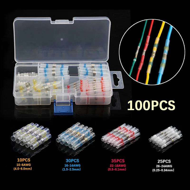 100PCS Waterproof Heat Shrink Solder Sleeve Wire Connectors Seal Butt Crimp Terminals Connector | Обустройство дома