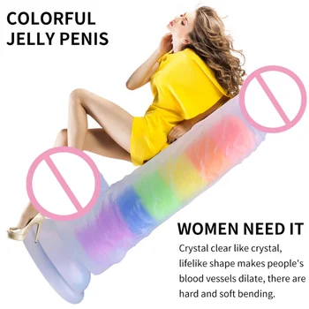 2022 Rainbow Simulation Soft Dildo Realistic Clitoris Stimulator Silicone Penis Huge Dick With Suction Cup Sex Toys For Women 5