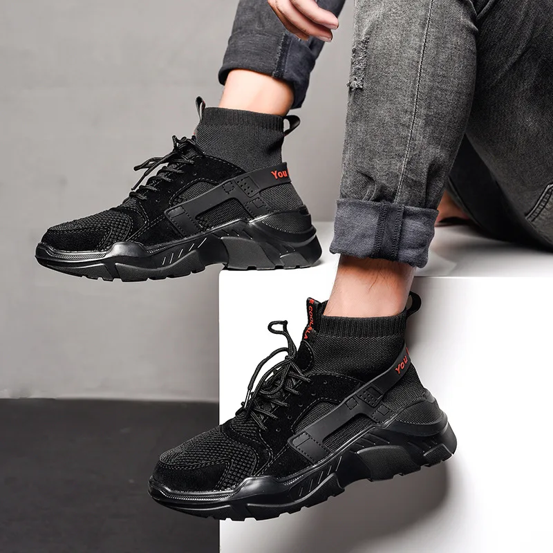 New High Top Platform Sneakers Men Fly Weave Stretch Sock Shoes Hip Hop Street Men Chunky Black Red Trainers Sneakers Thick Sole