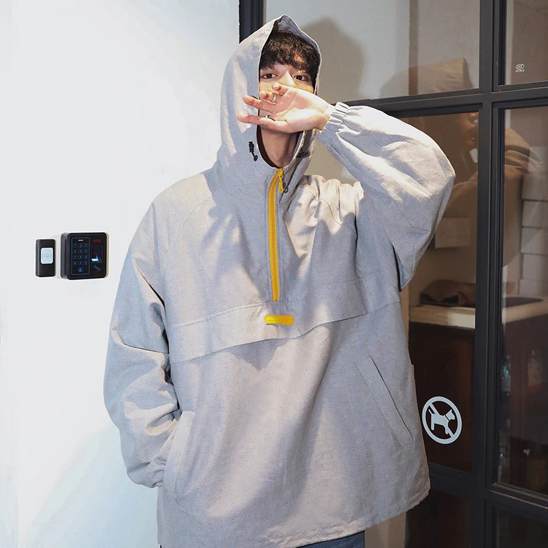

2019 Autumn And Winter Men's New Casual Contrast Color Striped Zipper Hooded Jacket Men Loose Temperament Trend Cotton