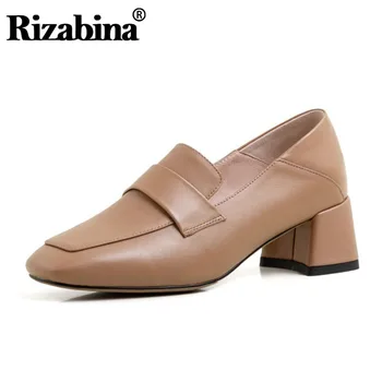 

RIZABINA Women Pumps Shoes Fashion Square Toe Solid Color Shoes Women Modern Genuine Leather Slip On Lady Footwear Size 34-40