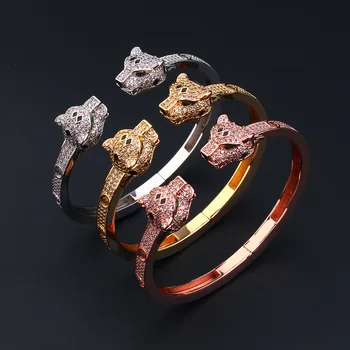 

Fashion double head leopard bracelet personality inlaid zircon epoxy temperament leopard head open bracelet jewelry