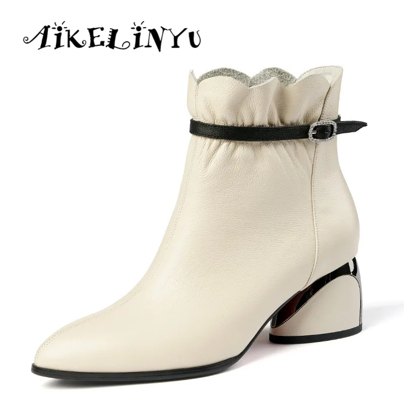 AIKELINYU Hot Sale Women Boots New Fashion Shoes Woman Genuine Leather Black Ankle Boots Fashion Winter Warm Square Heel Boots