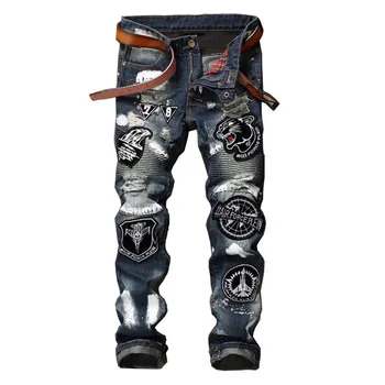 

Mcikkny Men's Tiger Embroidery Ripped Jeans Trousers Badge Patchwork Denim Trousers Nightclub Streetwear Jeans Pants For Male
