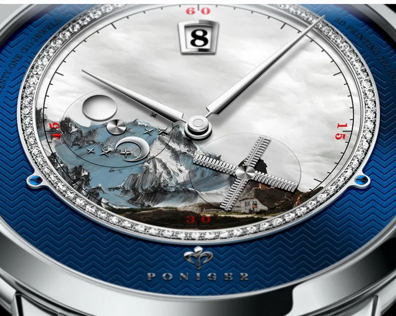 PONIGER Men Automatic Watch Top Luxury Brand Watches Dress Mechanical Wristwatch Sapphire Fashion Rotate Windmill Second Hand