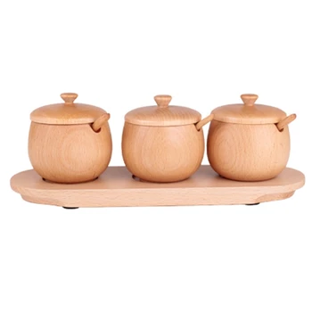 

3Pcs Wood Seasoning Jar Salt Can Spice Pots Bowls with Spoon and Lid Storage Wooden Tray Tea Storage Container Condiment Jars Ki