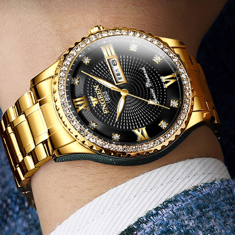 Men's Tuhao Gold Waterproof Luminous Super Bo Calendar Large Dial Non Mechanical Fashion Business Fshion Steel Band Watch