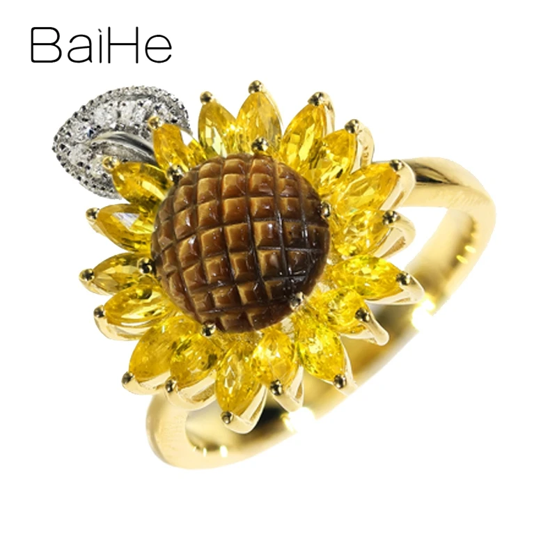 BAIHE Solid 14 K, белое+ желтое золото, сертифицированное натуральными бриллиантами+ тигровый глаз+ желтые свадебные женские модные ювелирные изделия, подарочное кольцо с цветами