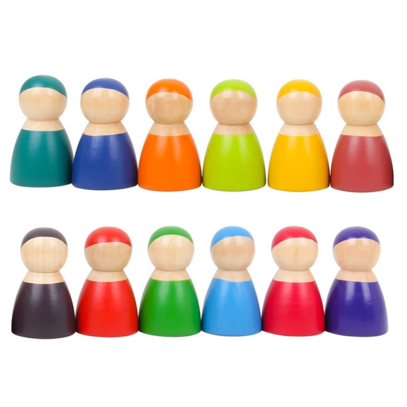 

12pcs Rainbow Toddler Wooden Toy Montessori Set Wood Pretend Play People Figures Baby Toys Colorful Paint Puppet Building Blocks