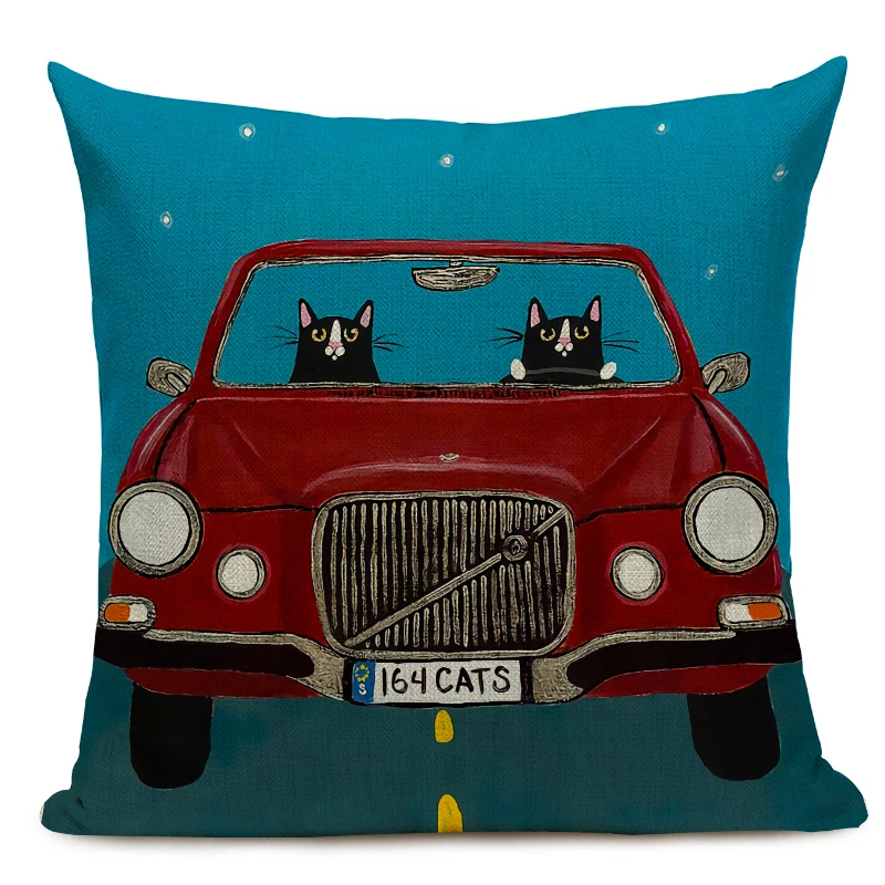 Hot Sale Pillow Lovely Cartoon Dog Cat Color Driving Car Vintage Almofadas 45X45CM Linen Pillow Decorative Linen Cushion Cover