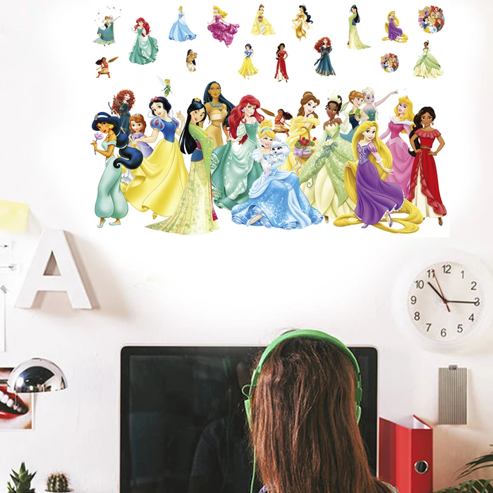 Cartoon Lovely Snow White Cinderella Aurora Princess Wall Stickers For Kids  Room Home Decoration Mural Art Girls Wall Decals, image size:1001x1001