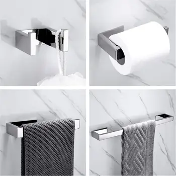 

SUS304 Stainless Steel Adhesive Bathroom Accessories Set Chrome Silver Towel Bar Towel Hook Wall Towel Ring Toilet Paper Holder
