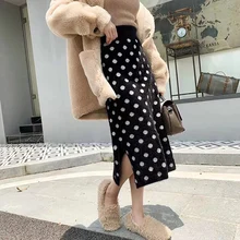 Зимняя вязаная женская юбка, осенняя, высокая талия, миди, в горошек, юбки для женщин, Толстая Теплая юбка, длинная, Faldas, хип-хоп, посылка Jupe Femme