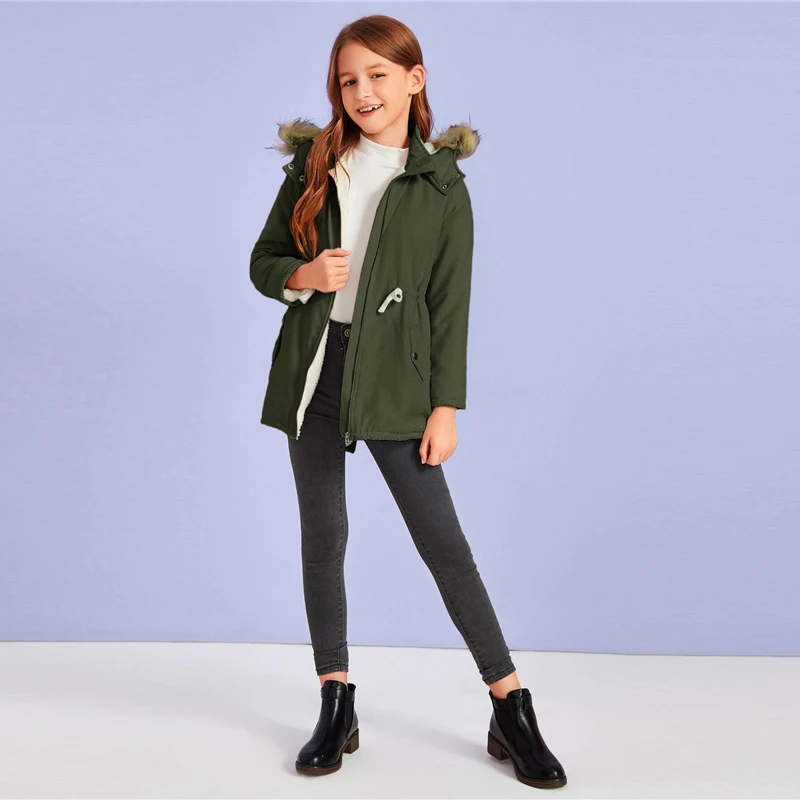SHEIN/однотонная Зимняя парка с искусственным мехом и завязками на талии; детское осеннее пальто на молнии с длинными рукавами и разрезом спереди; повседневные пальто