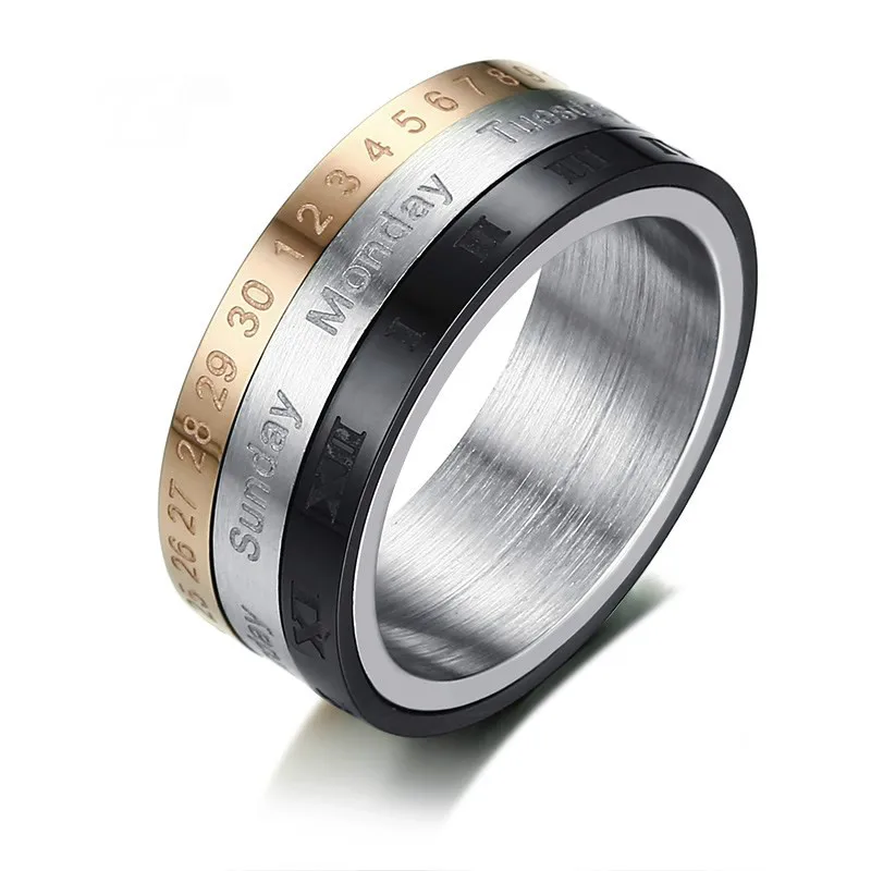 

Classic Rotatable 3 Part Roman Numerals Calendar Ring Men Jewelry Stainless Steel Cool Punk With Date Ring For Male Best Gift