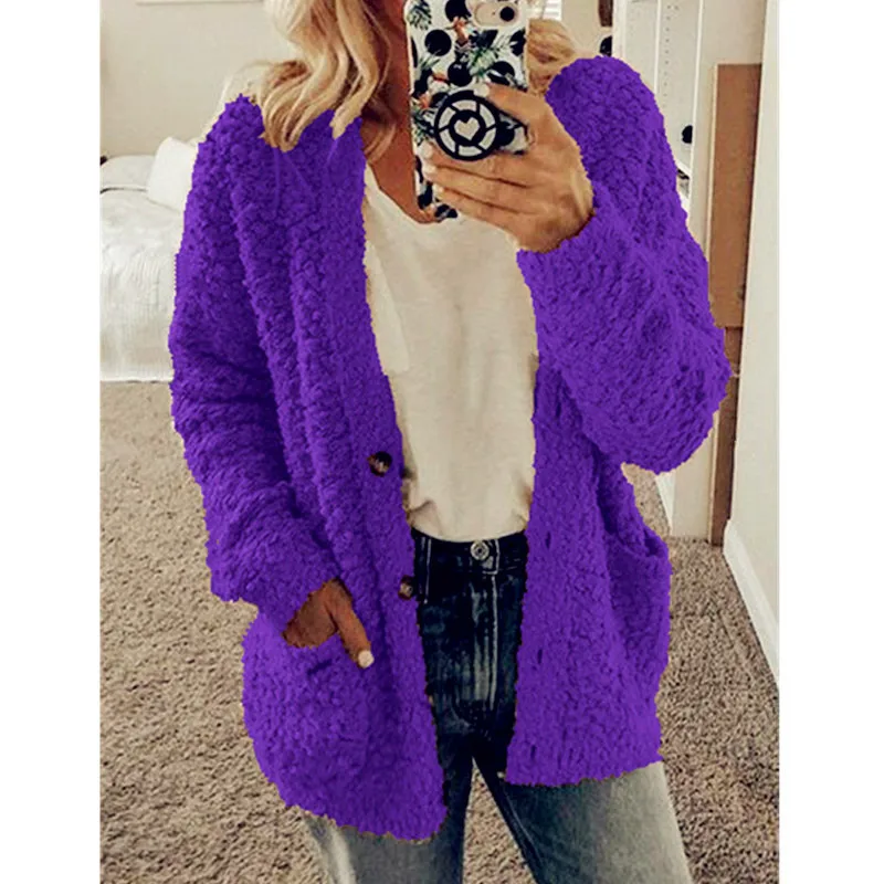 purple Осенне-зимняя женская куртка из искусственного меха, однотонная розовая Толстая теплая плюшевая куртка из овечьей шерсти, большой размер, двойной карман, Женская плюшевая куртка из искусственного меха - Цвет: purple