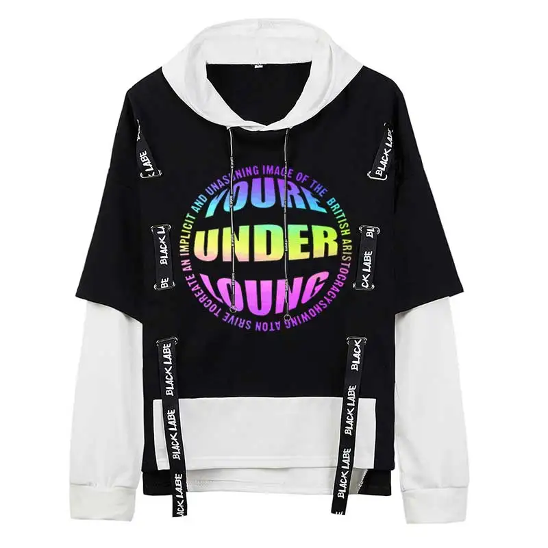 

Reflective Rainbow Hoodies YOUR UNDER LOUNG Ribbon Pullovers Oversize Hooded Sweatshirts Fake Two Piece Streetwear Homme Clothes