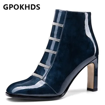 

GPOKHDS 2021 women Ankle boots Cow leather Winter short plush Square Toe Zipper Crystal High heels female boots size 40