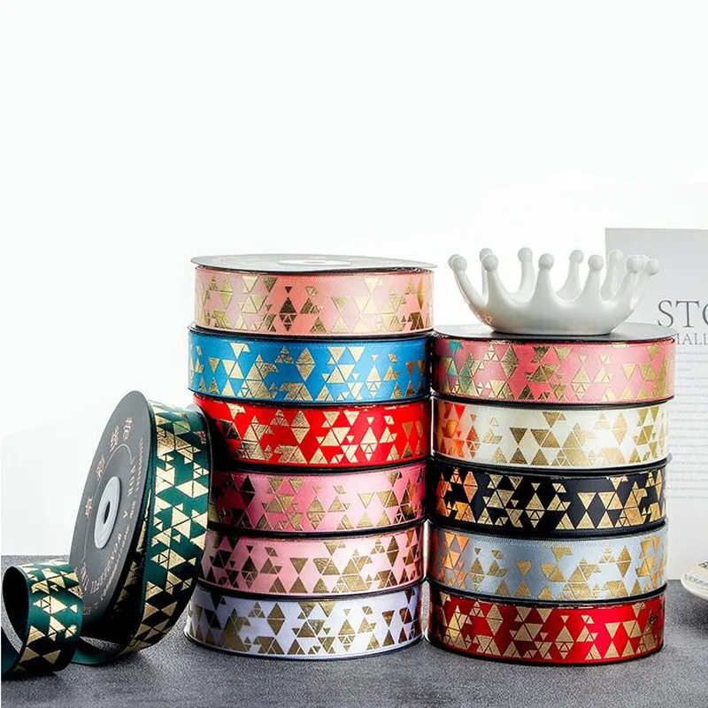 

45 M / Roll Bronzing Printed Grosgrain Ribbon 25mm Geometric Print Foil Ribbon for Gifts Packing Cake Bouquet DIY Wedding Decor