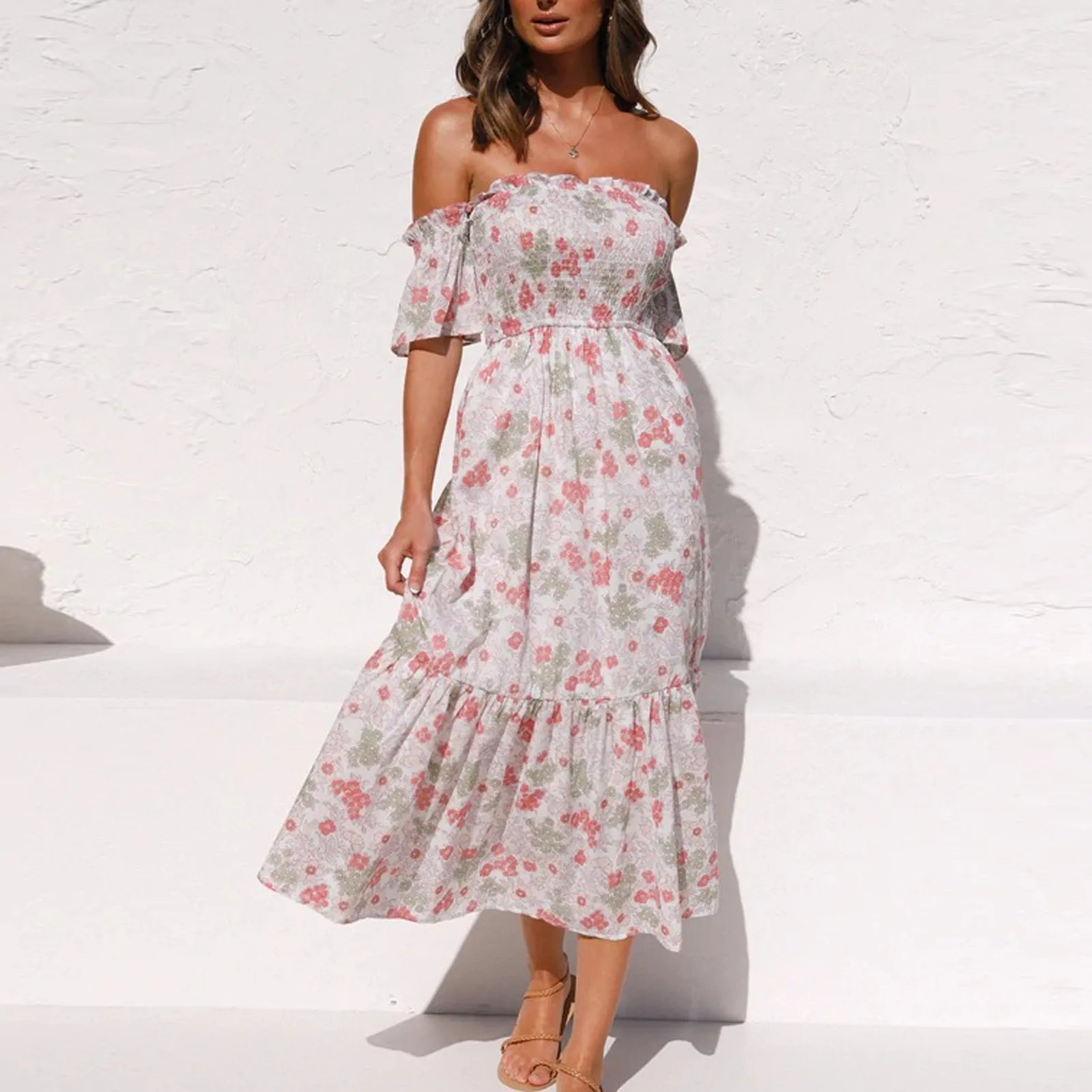 2021 Summer Fashion Women Dresses Printing Shattered Flowers Strapless Wrap Waist Hem Dress Off-Shoulder Casual Holiday Vestidos 1