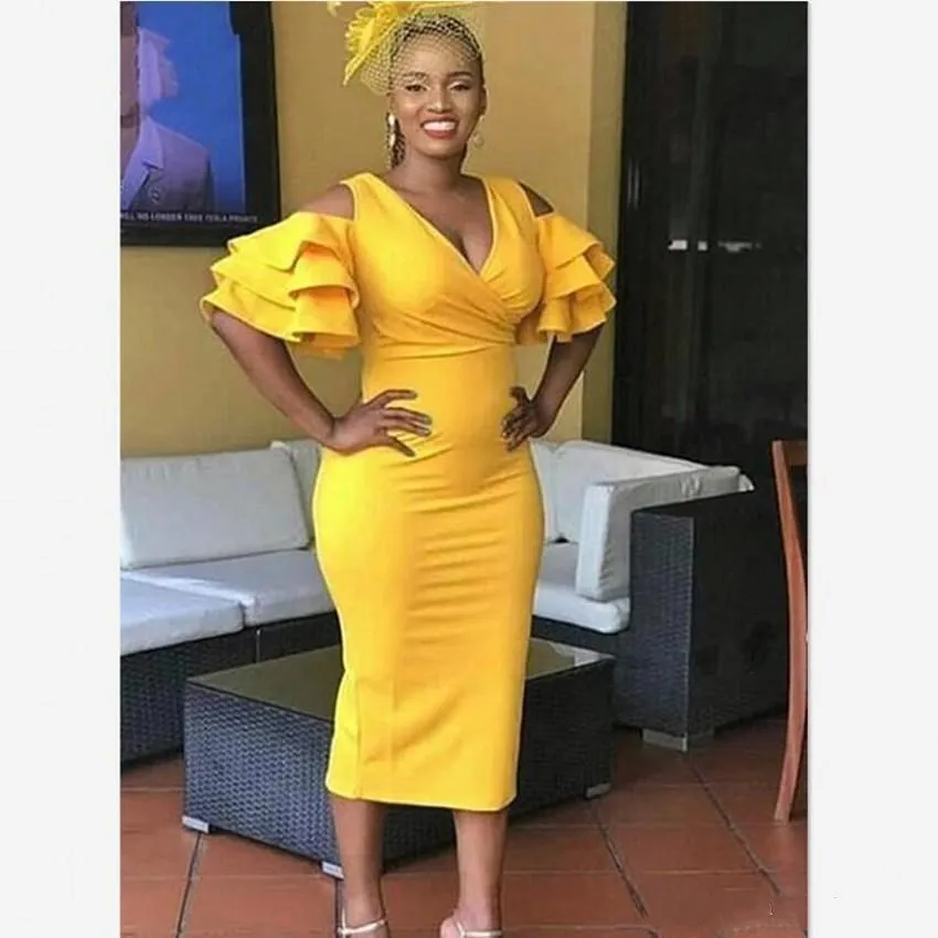 plus size cocktail dresses Yellow V Neck Ruffles Short Sleeve Mermaid Ankle Length New Arrival Party Gowns African Prom Dresses