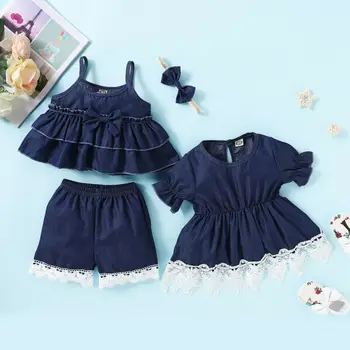 

2020 Sisters Denim Outfits Toddler Baby Girl Clothes Kids Summer Blue Lace Ruffle Mini Dress Vest Tops Shorts Twins Outfits 1-4Y
