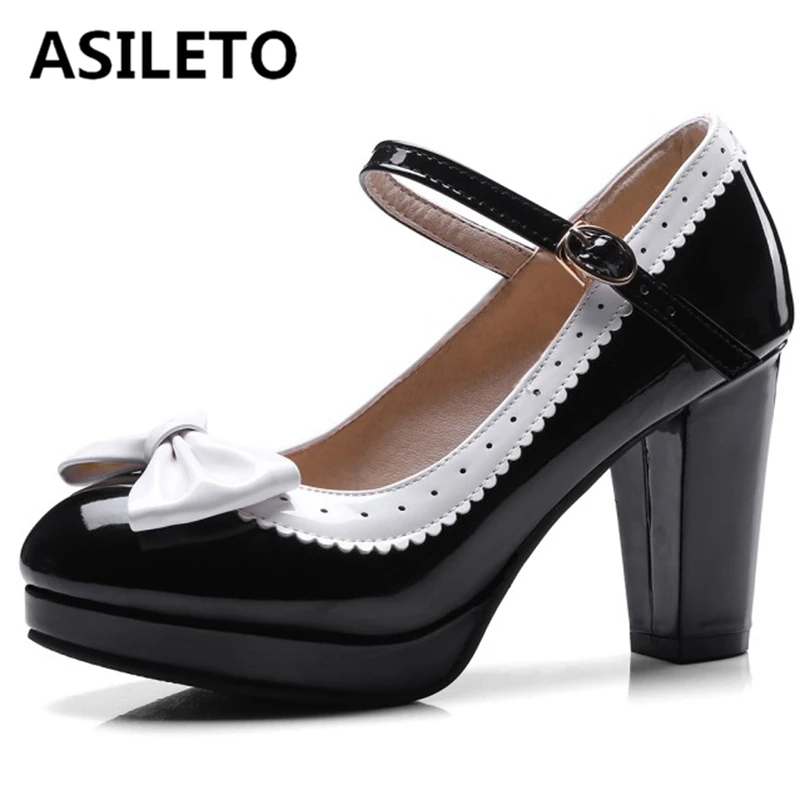 ASILETO large size 47 48 Women strap pumps nude bows platform high heels round toe party wedding shoes bridal Mary Janes black | Обувь