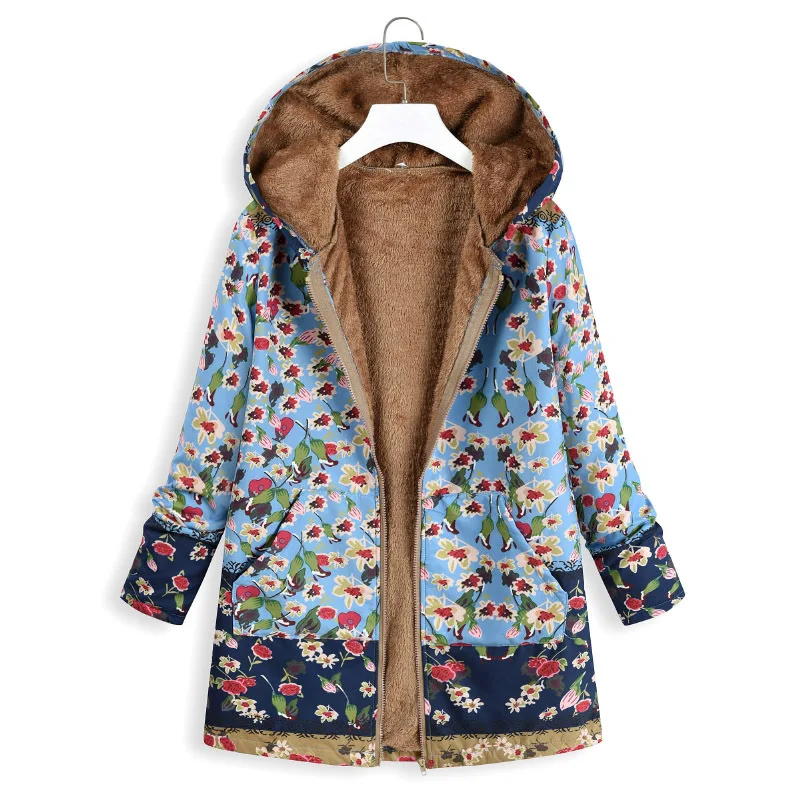 5xl Женские зимние куртки и пальто размера плюс, женская теплая куртка с капюшоном, хлопковая и льняная Плотная хлопковая одежда с принтом - Цвет: Синий