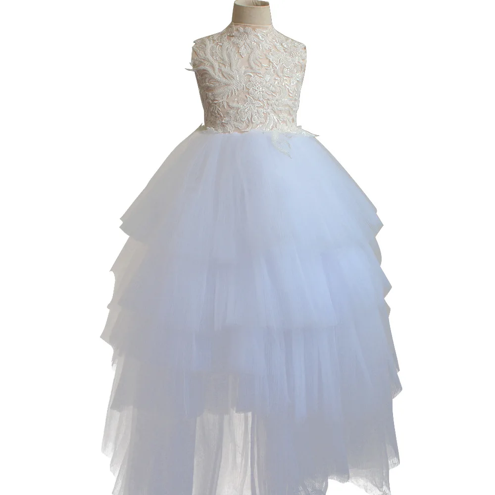 

MG032 New Fashion Children's Clothing Without Sleeves Lace Sewn Beads Show Birthday Ball Gown Pleated Layered Dress