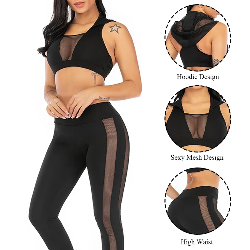 Сетчатая Беговая одежда йога спортивный набор костюм для женщин толстовки укороченный топ с сеткой спортивная одежда, леггинсы для занятий йогой бюстгальтер для фитнеса брюки