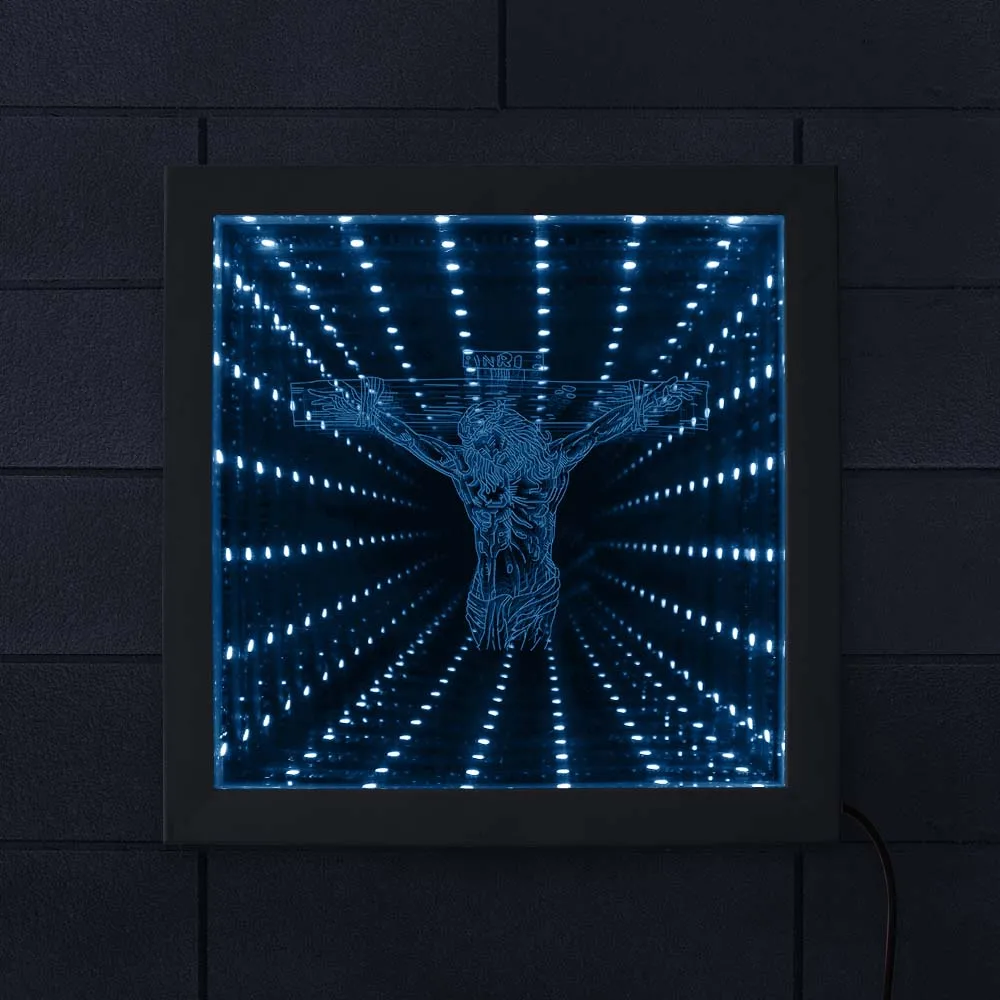 

Dropship 3D Jesus Cross Tunnel Lamp Infinity Mirror Jesus Christ Crucifixion Abyss Effect LED Night Light Wood Photo Frame