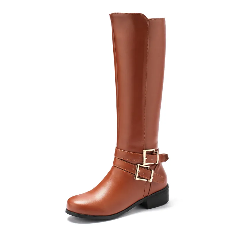 brown thick fur Smirnova hot sale big size 47 winter riding boots women round toe buckle zip low heels casual shoes women knee high boots - Цвет: brown thick fur