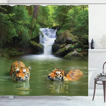 

Safari Shower Curtain, Siberian Tigers in Water Waterfall Pool Woodland Swimming Natural, Cloth Fabric Bathroom Decor Set with