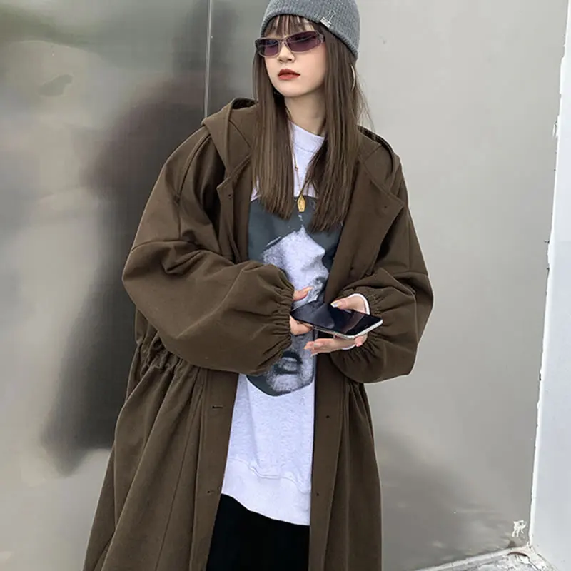 XITAO Plus Size Trench Women Fashion New Pleated Hooded Collar Full Sleeve Single Breast Casual Style Minority Coat ZY1694