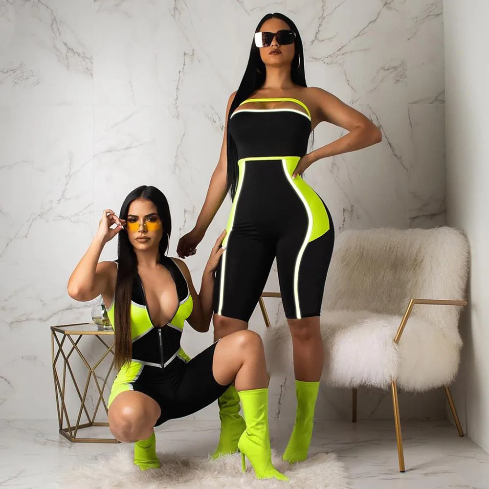 

Sport Sets for Ladies Gym Clothing Sleeveless Reflective Striped Flexible Elastic Skinny short Rompers Female Sportswear Green L