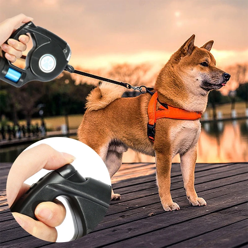 Extendable and Retractable Leash for Dog with LED Flashlight and Garbage Bag