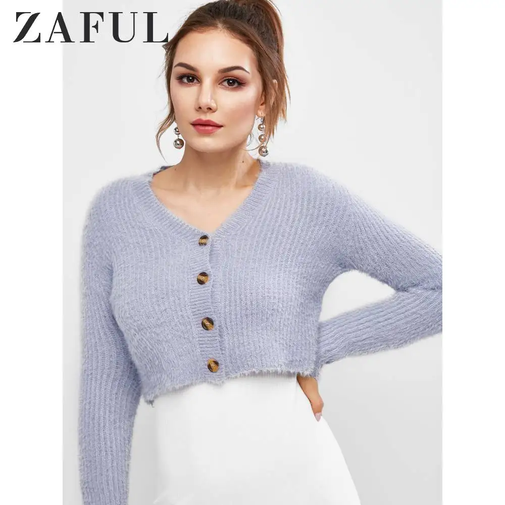 ZAFUL Fuzzy Buttons Cropped Cardigan V-Neck Slim Fit Solid Elastic Short Women Sweaters Cute Style 2019 Autumn Warm |