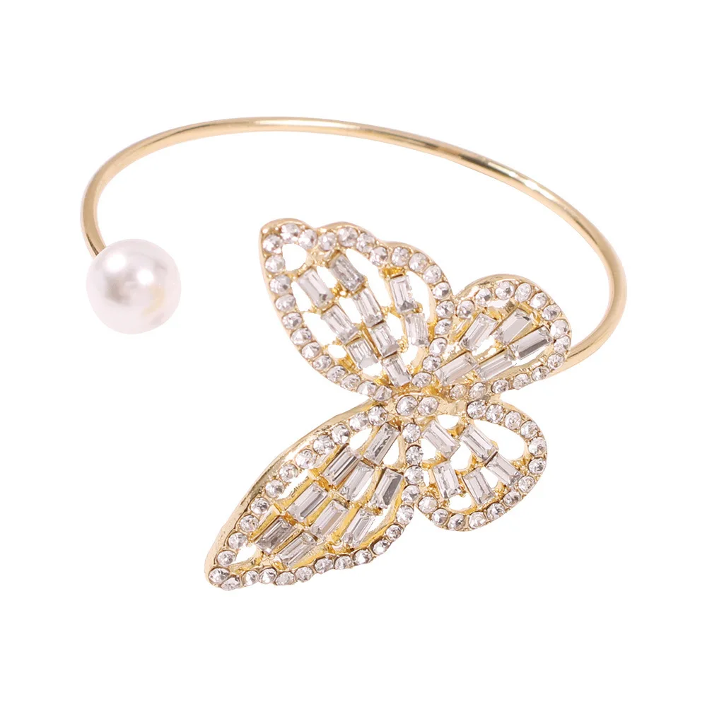 AOMU Мода полые Стразы Лук Открытый браслет для женщин, имитация жемчуга бусина, жесткий браслет металлические геометрические ювелирные изделия