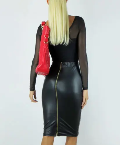 Baratos Moda de otoño Saias lapislázuli para mujer talla grande XXS 6XL 8XL 10XL falda lápiz negra de cuero de imitación para Mujer Faldas Midi con cremallera en la espalda