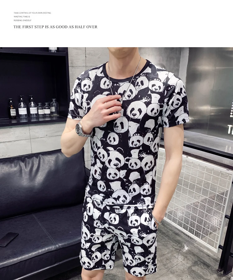 Модный тренд Dier Afdrukken Kleur Повседневный тонкий Straat Sportkleding tweddelige mannen шорты Korte mouwen Twee stuk Горячие koop