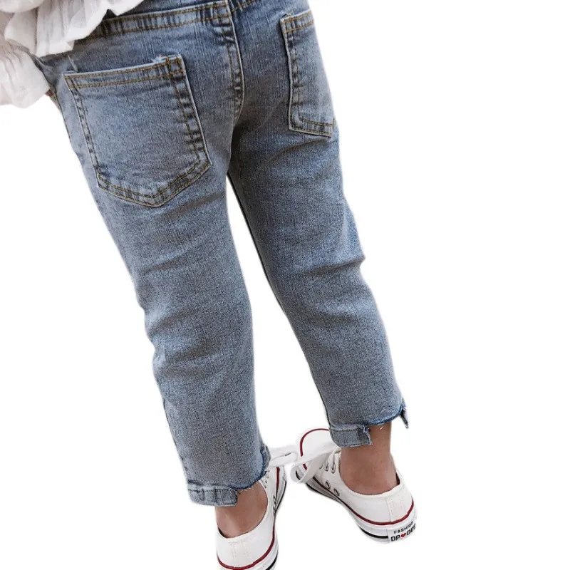 Модные детские штаны с эластичной резинкой на талии для маленьких девочек рваные джинсовые штаны