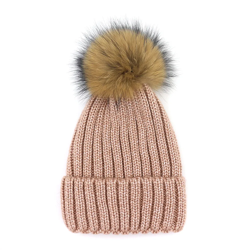 Knitted hat 2 Новые зимние женские шапки с помпонами, теплые вязаные шапки с помпоном из меха енота для девочек, Повседневная Шапка Кепка с помпоном - Цвет: Knitted hat 2