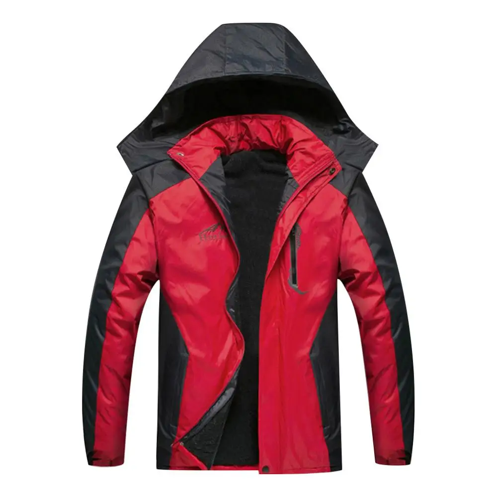 Red Mens Jackets Outdoor Waterproof Hoodie Pockets Zipper Hat Detachable Sport Coat Autumn Winter Long Sleeve Warm Jacket Coat - Color: Red