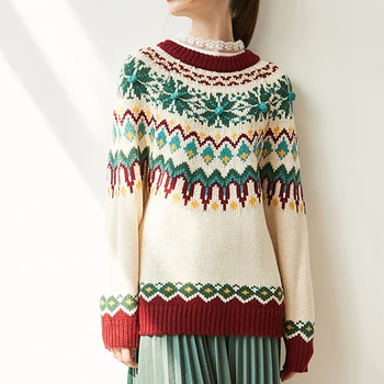 

Cute Loose Sweater 2020 New Retro Geometric Pattern Jacquard Knit Sweater Women Round Neck Thick Loose Pullovers Knitted Tops