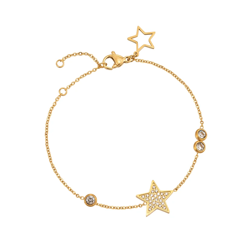 Bracelet Doré Incrusté De Zircon - Acier Inoxydable - Jonc étoile - Bijou Femme - Neuf Sans Emballage